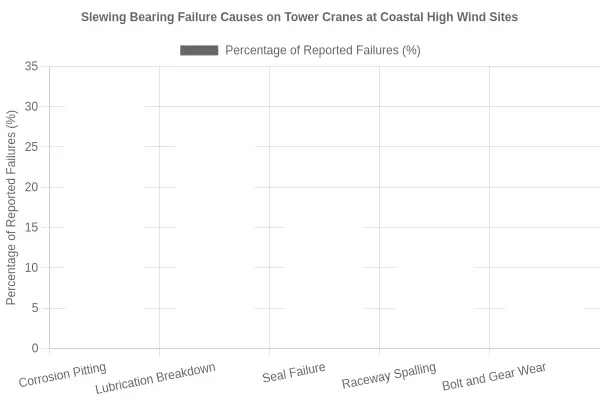 Bar chart showing the frequency of slewing bearing failure causes on tower cranes at coastal high wind sites, with corrosion pitting at 34%, lubrication breakdown at 27%, seal failure at 18%, raceway spalling at 13%, and bolt and gear wear at 8% of reported failures.