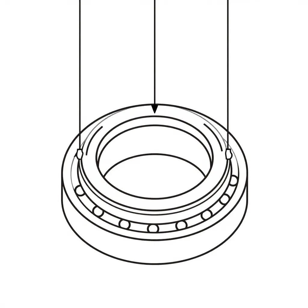 Labeled cross-section schematic of a tower crane slewing bearing showing the inner ring, outer ring, rolling elements, raceway grooves, and seal location.