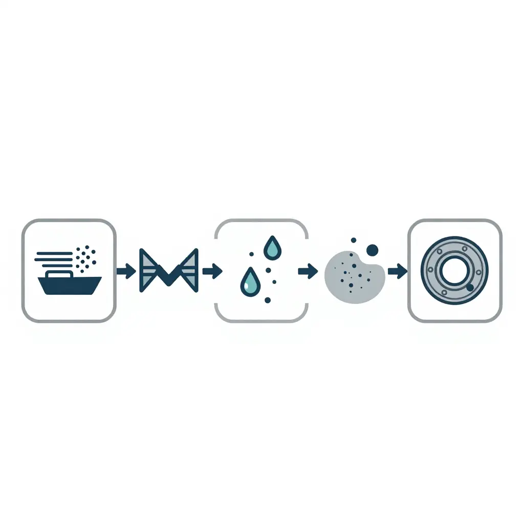 Flat schematic flow diagram showing how salt spray and wind-blown moisture enter a tower crane slewing bearing: seal lip wear, gap opening, saltwater and particle ingress, grease contamination, and raceway contact