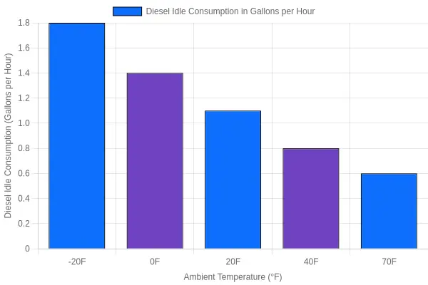 Bar chart showing diesel idle consumption rising from about 0.6 gallons per hour at 70°F to roughly 1.8 gallons per hour at -20°F for a Class 8 semi truck.