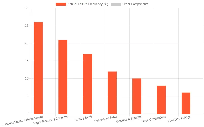 Bar chart showing annual pressure test failure frequency by component for fuel tanker vapor recovery systems, led by pressure/vacuum relief valves at 26% and vapor recovery couplers at 21%