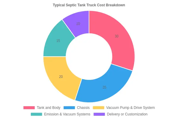 Typical septic tank truck cost breakdown doughnut chart showing tank and body 30%, chassis 25%, vacuum pump and drive system 20%, emission and vacuum systems 15%, and delivery or customization 10%