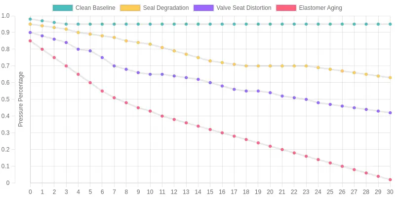 Line chart of tank pressure decay by failure mode showing clean baseline, seal degradation, valve seat distortion, and elastomer aging against a pass threshold