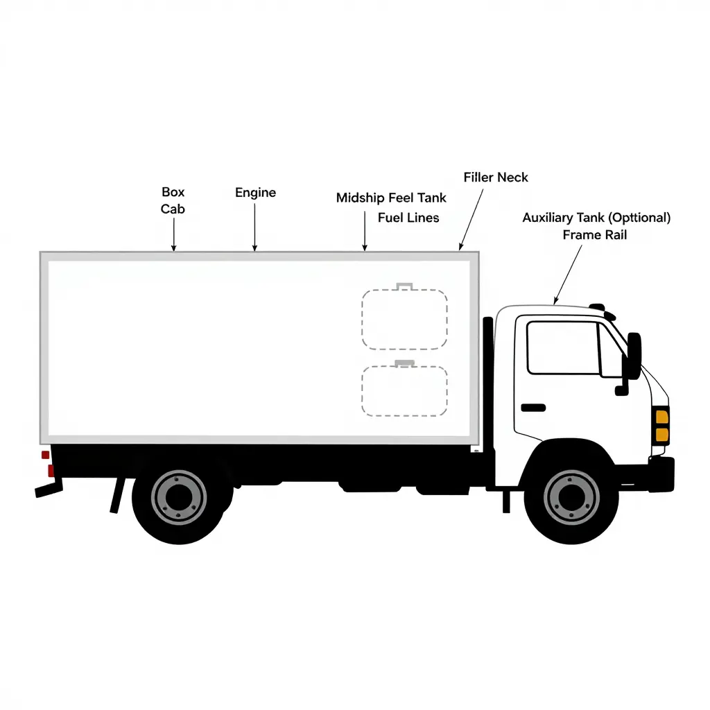 Minimalist 2D side-view diagram of a 2018 Chevy box truck chassis showing the midship fuel tank, filler neck, fuel lines running to the engine, and an optional auxiliary tank position in the box and under the frame, with labeled callout arrows.