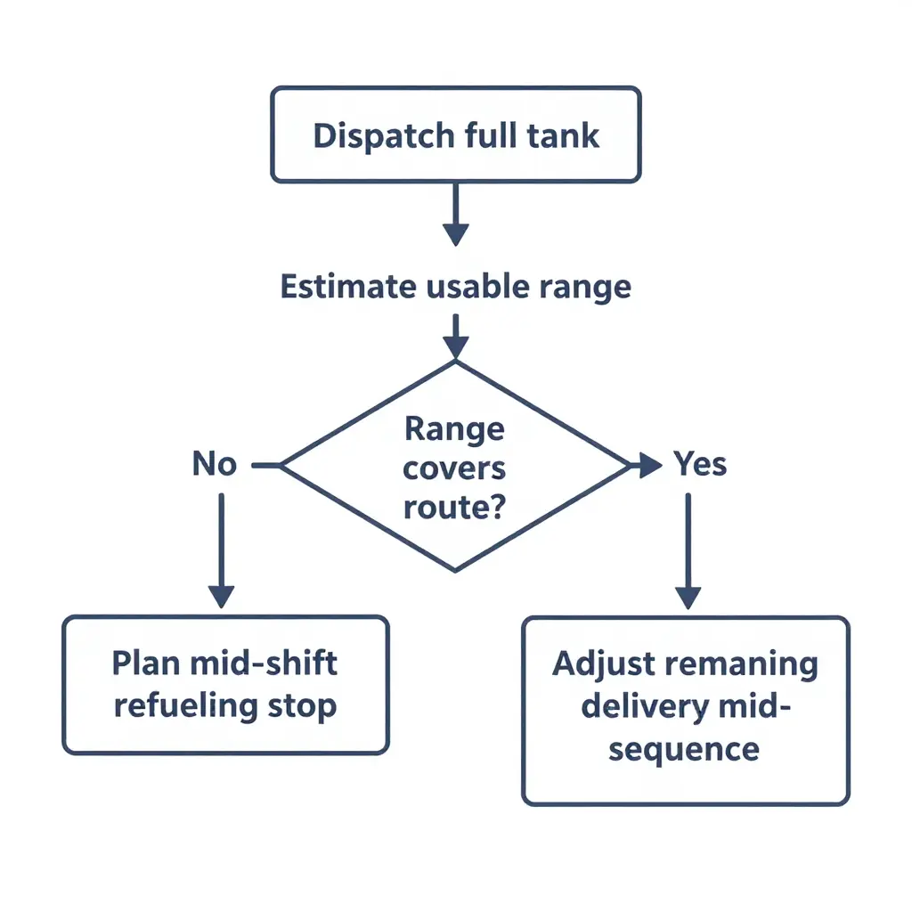 Simple 2D flat vector flowchart showing the route planning decision around mid-shift refueling: Dispatch full tank, Estimate usable range, decision diamond Range covers route?, with yes branch to Complete route without mid-shift stop and no branch to Plan mid-shift refueling stop then Adjust remaining delivery sequence