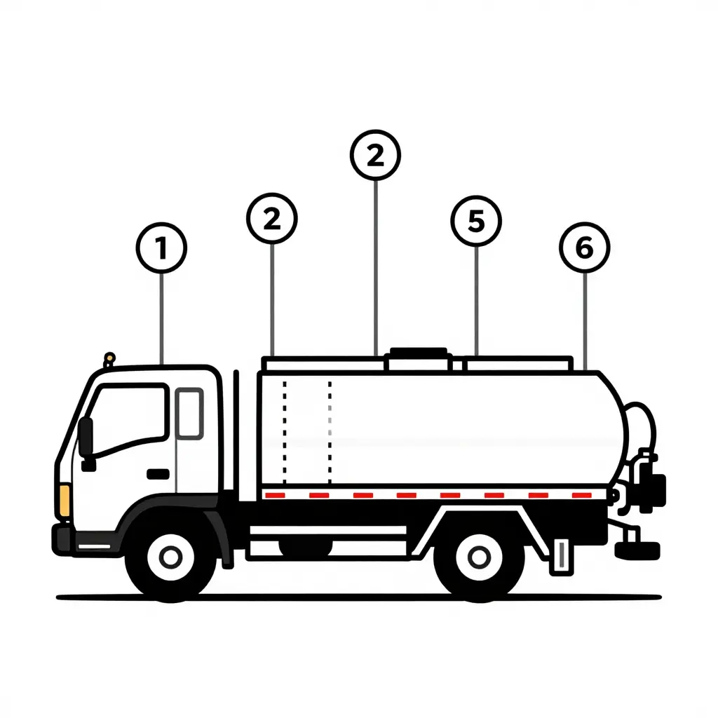 Minimalist 2D side-profile line diagram of a septic tank truck with six numbered inspection zones: frame rail and crossmembers, tank cradle mounts, vacuum pump and drive, tank body and baffles, rear valve and hose connections, PTO drive