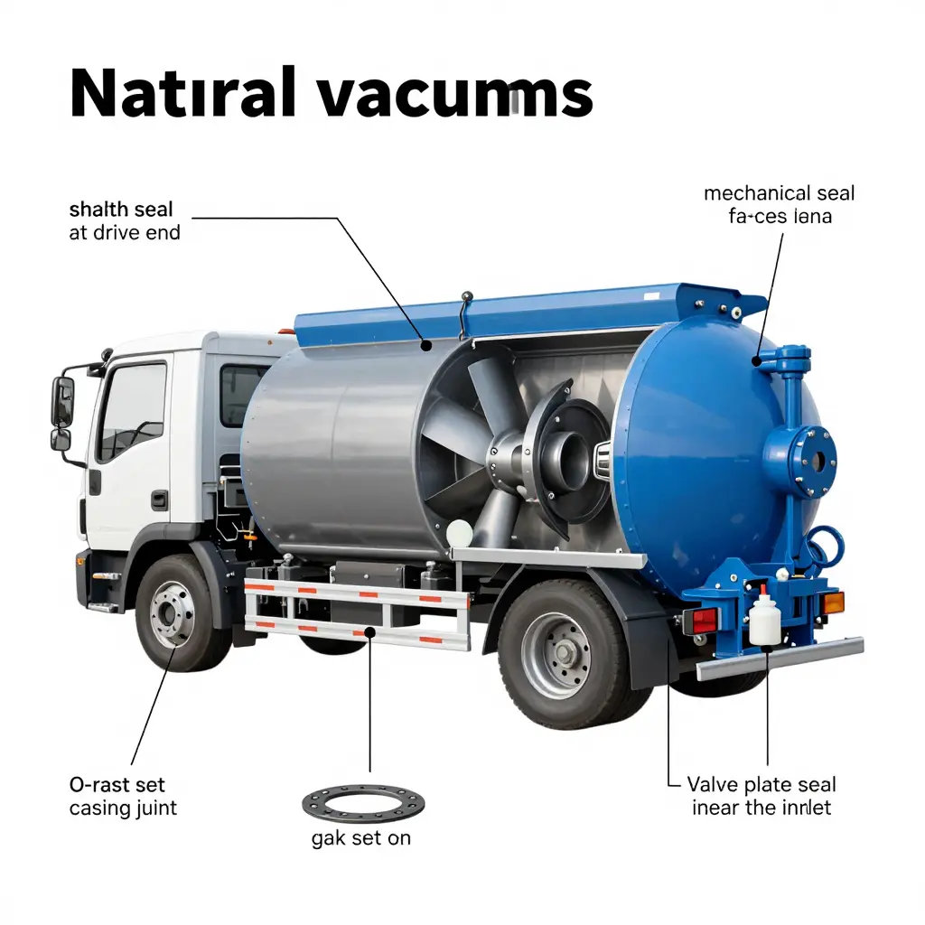 Cutaway diagram of a septic tank truck vacuum pump showing shaft seal, mechanical seal faces, O-rings, gasket set and valve plate seal locations