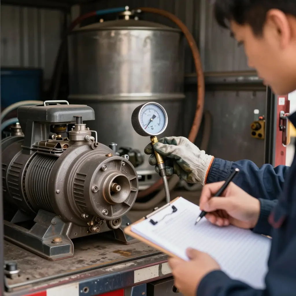 Mechanic connecting a calibrated vacuum gauge to a septic tank truck's pump inlet while an inspector records readings
