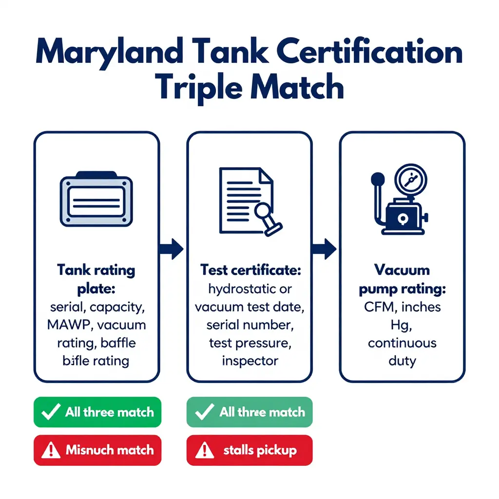 Diagram showing the three-way match between a septic tank rating plate, its test certificate, and the vacuum pump rating