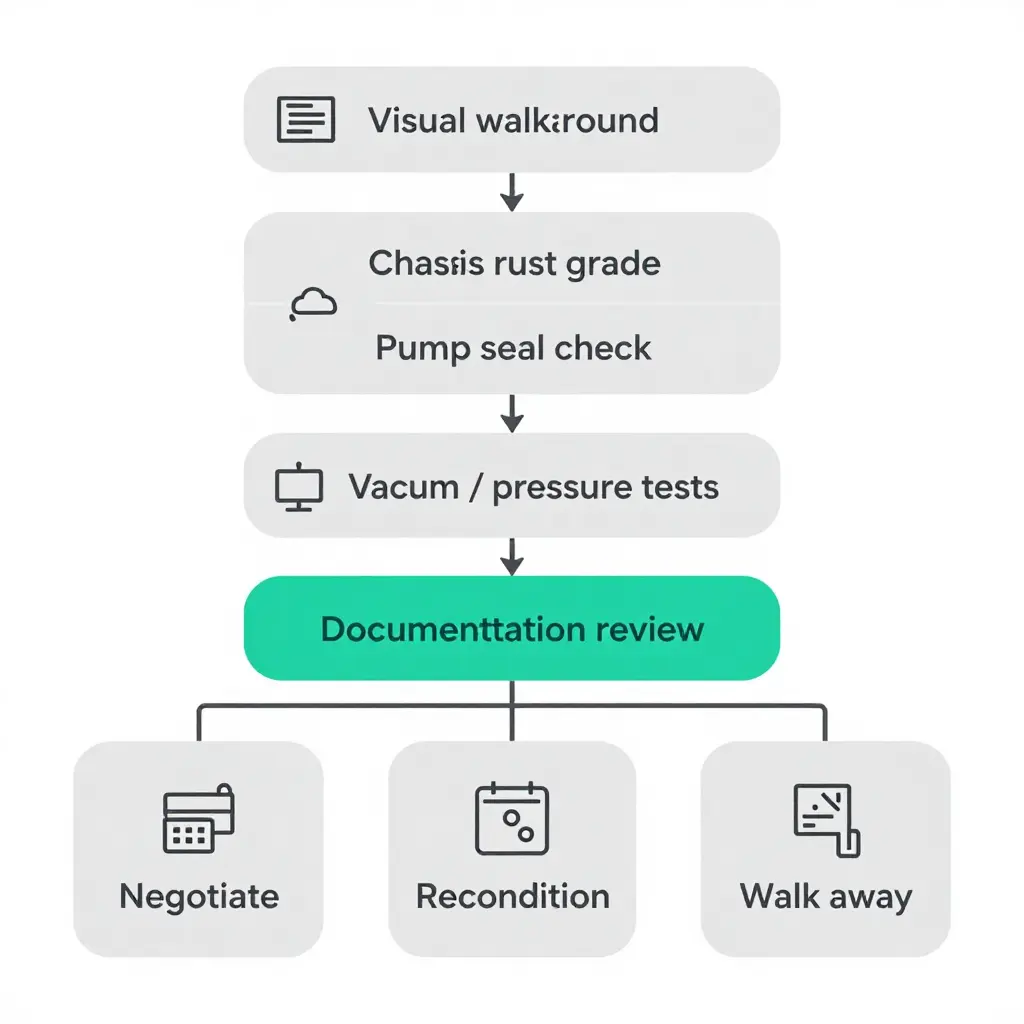 Minimalist 2D flat flowchart showing the pre-payment septic pumping truck inspection sequence: visual walkaround, chassis rust grading, pump seal and drive check, vacuum and pressure tests, documentation review, then a three-way decision split into negotiate, recondition, or walk away.