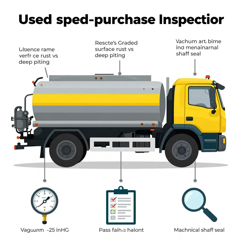 Chassis rust and vacuum pump seal inspection points on a used septic tank truck, with vacuum retention gauge readout