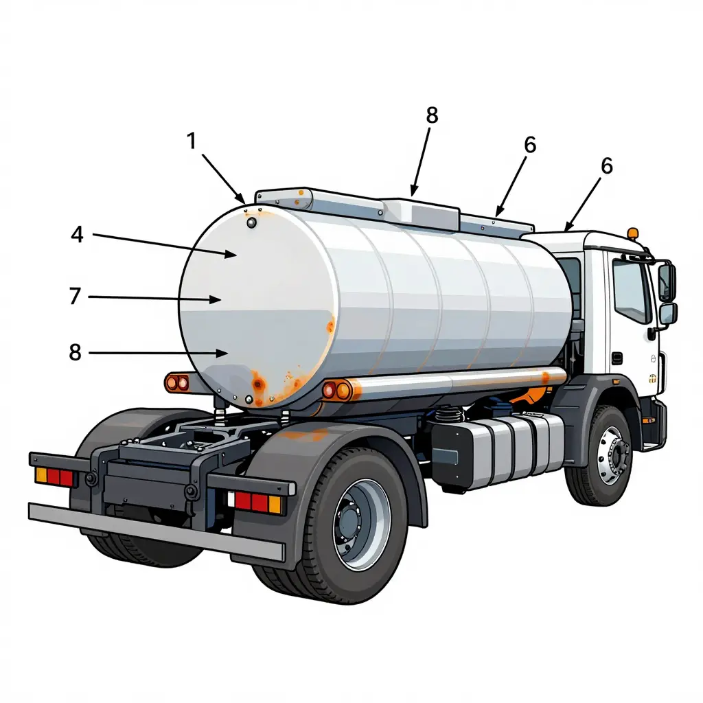 Underbody inspection diagram of a vacuum tank truck chassis with numbered rust-prone checkpoint callouts