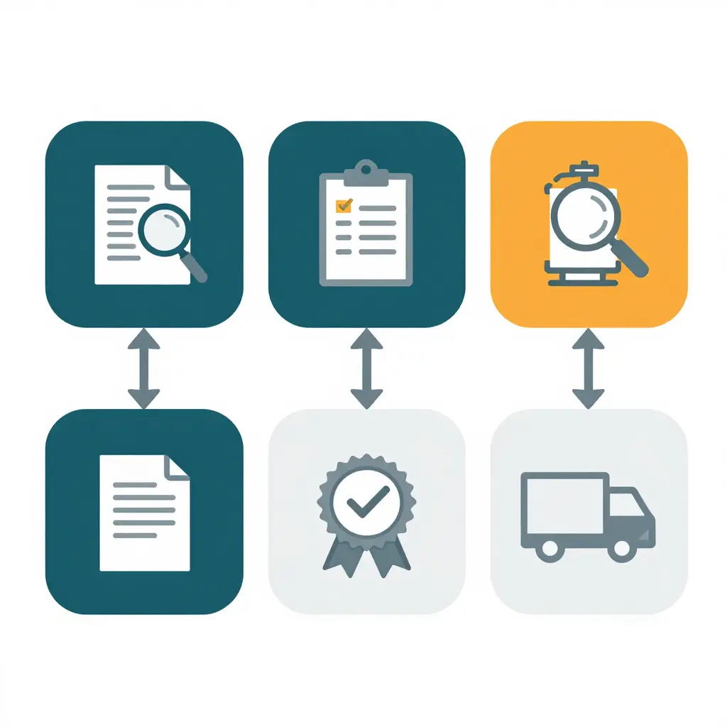2D process flow diagram showing the recommended order of pickup verification steps for a septic tank delivery truck: document review, tank specification cross-check, physical inspection, certification confirmation, and release for transport