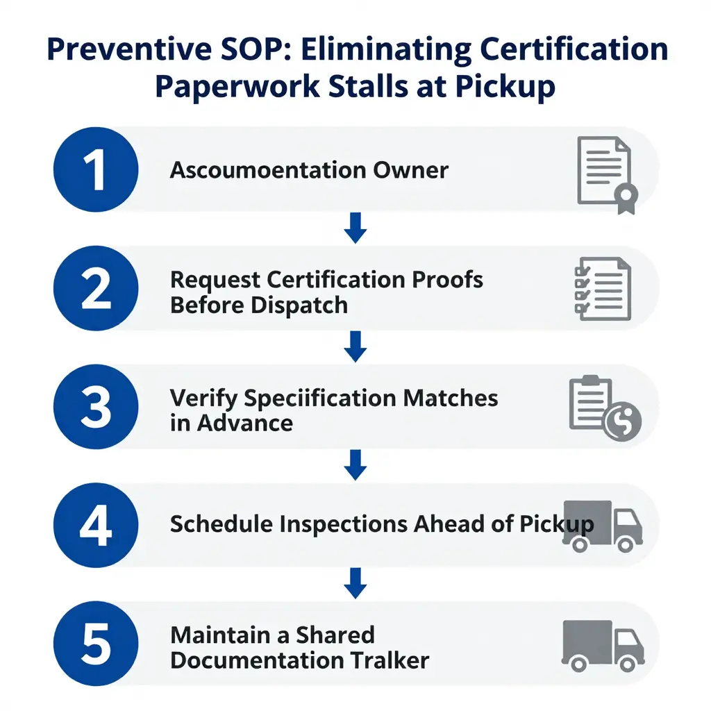 Flowchart of the five-step preventive SOP: assign a documentation owner, request certification proofs before dispatch, verify specification matches in advance, schedule inspections ahead of pickup, and maintain a shared documentation tracker.