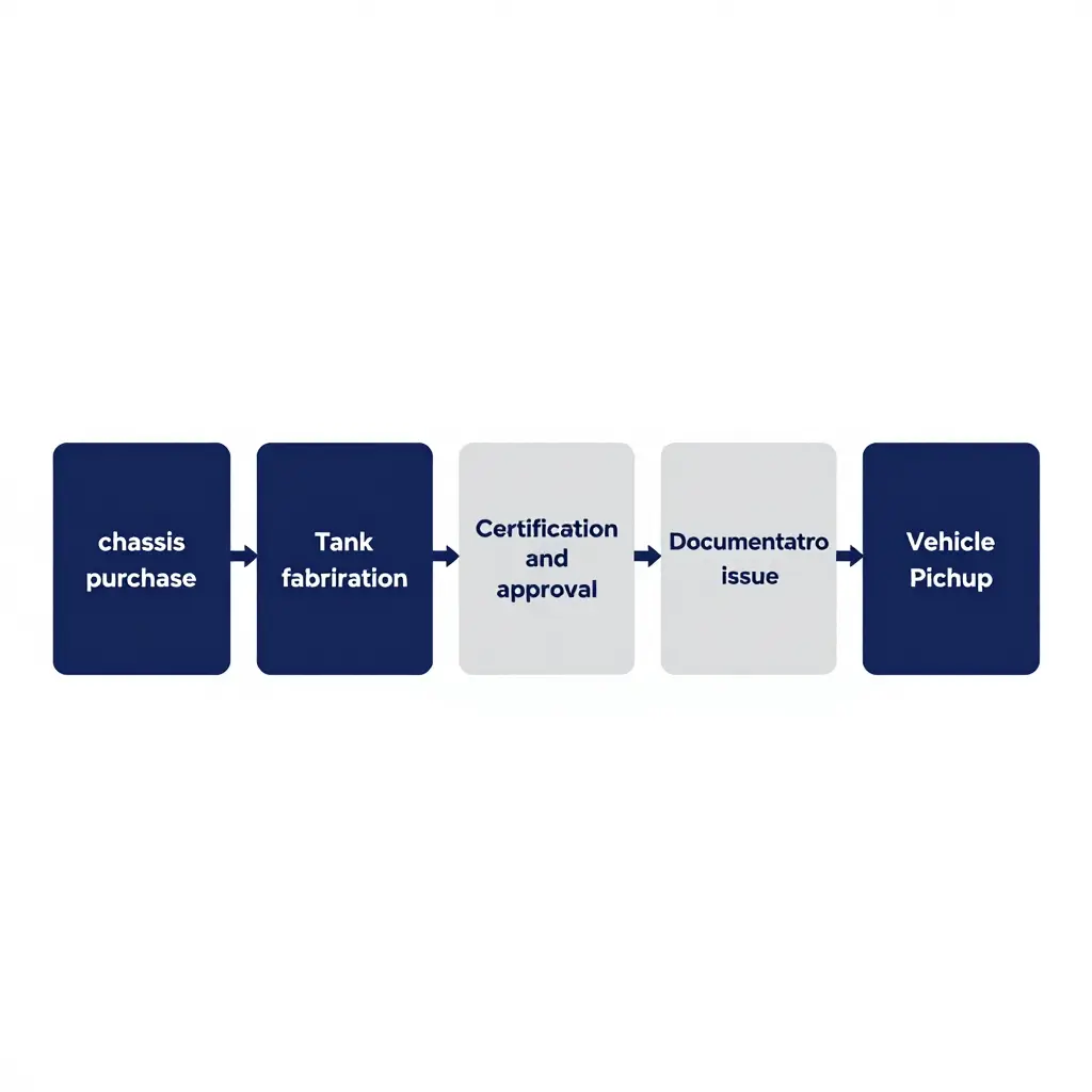Flat 2D workflow diagram showing the five sequential stages of a septic tank delivery truck moving from procurement to pickup.