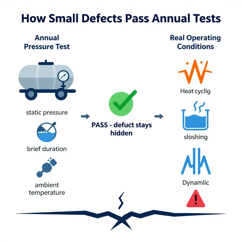 Flowchart showing how small tanker defects pass a static annual pressure test with a single gauge, then widen under real operating conditions of vibration, heat cycling, and dynamic loading into a visible vapor leak.
