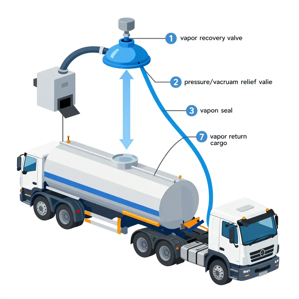 Cross-section diagram of a fuel tanker vapor recovery system showing vapor recovery valves, pressure/vacuum relief valves, seals, gaskets, hoses and vapor return lines