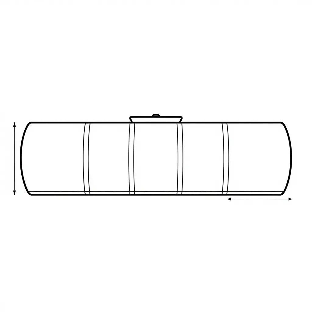 Minimalist 2D technical line drawing showing a horizontal cross-section of a fuel tanker barrel, with vertical transverse baffle plates divided into compartments and dimension lines marking the baffle spacing between adjacent baffles.