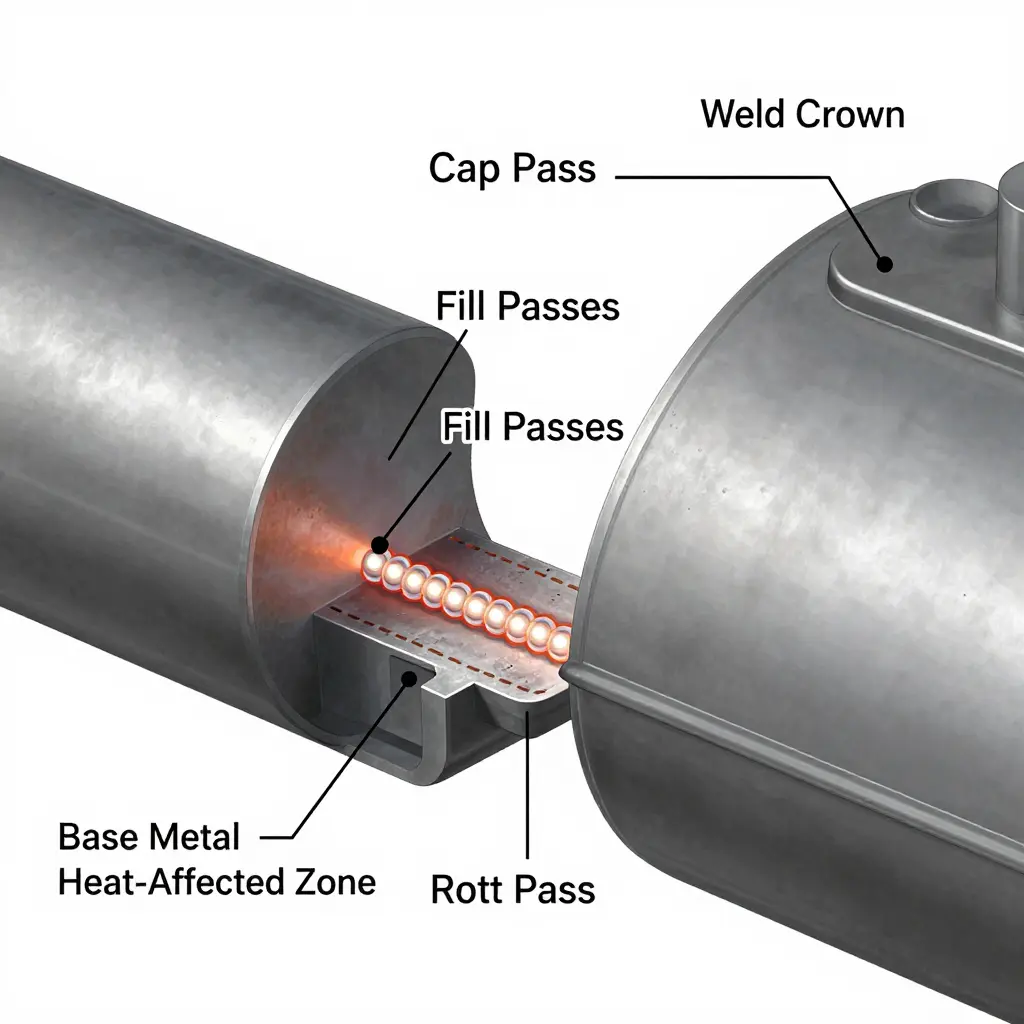 Cross-section diagram of a multi-pass groove weld showing root, fill, and cap passes on a fuel tanker shell joint