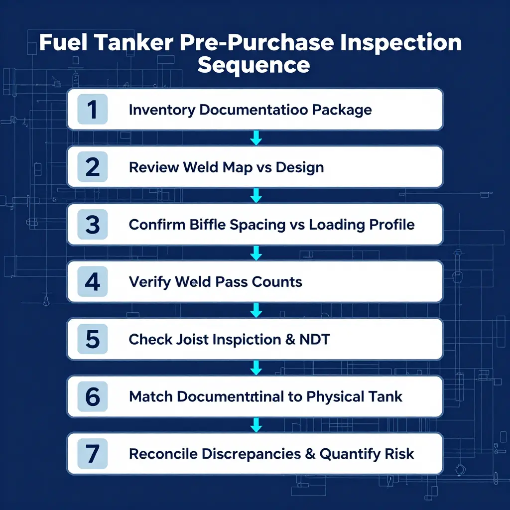 Fuel tanker pre-purchase inspection sequence flowchart: seven steps from documentation review to risk reconciliation