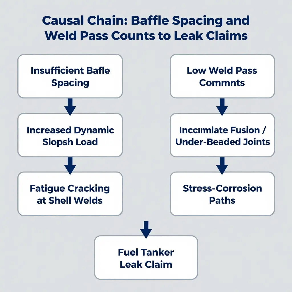Causal chain flowchart showing how insufficient baffle spacing and low weld pass counts lead to fatigue cracking, stress-corrosion paths, and fuel tanker leak claims