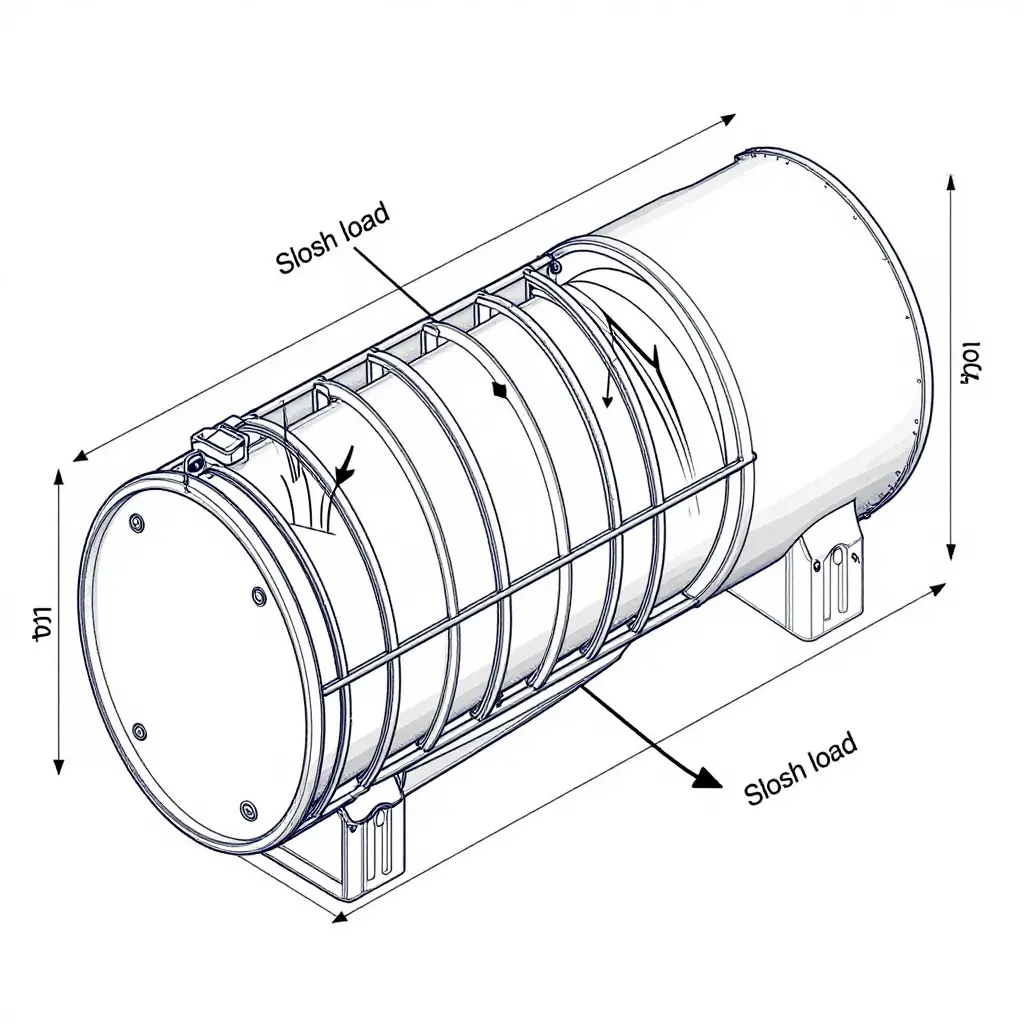 Cutaway diagram of a fuel tanker barrel showing transverse baffle spacing and slosh load paths