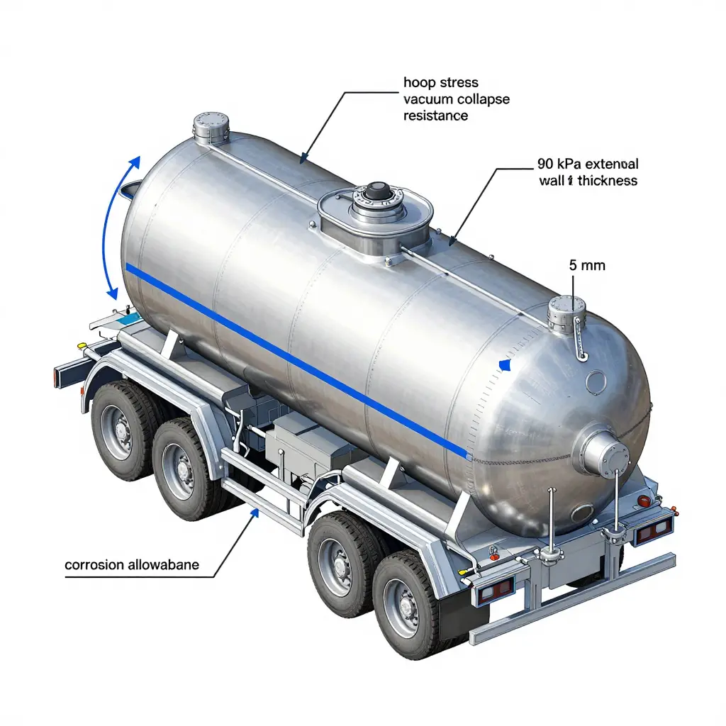 Cutaway blueprint of a septic vacuum tank shell showing wall thickness, hoop stress arrows, baffles, and vacuum collapse resistance