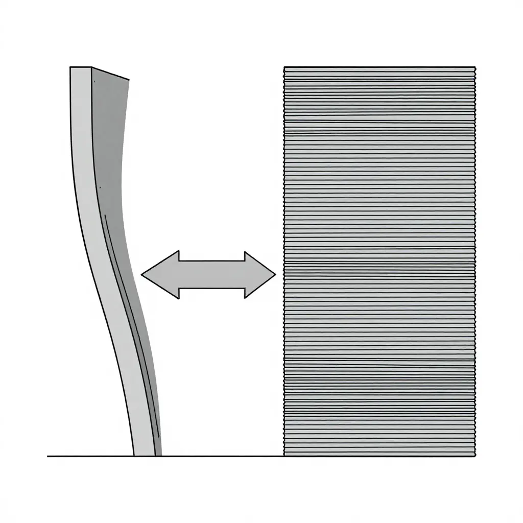 Flat 2D cross-section schematic comparing thin-gauge and thick-gauge septic tank wall steel, showing inward vacuum suction forces and outward liquid loading forces, with the thin wall bowing and the thick wall staying rigid