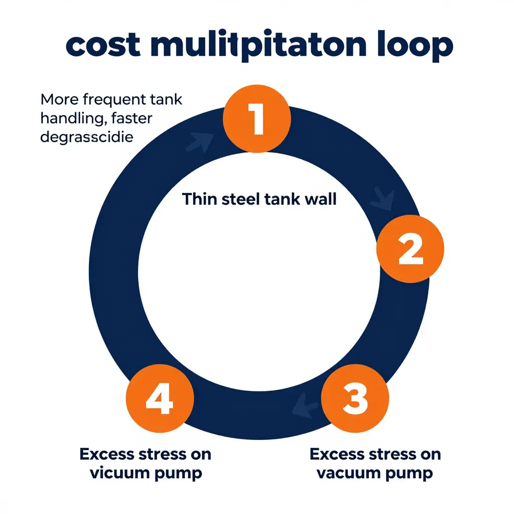 Cost multiplication loop diagram showing how thin tank steel and vacuum pump wear accelerate each other
