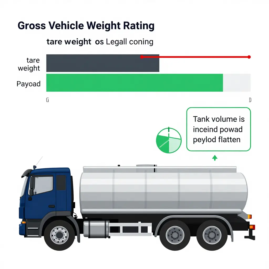 Technical diagram of a tanker truck showing gross vehicle weight rating split between tare weight and payload, front and rear axle load limits, cargo tank baffle cross-section, and payload capacity flattening as tank volume grows