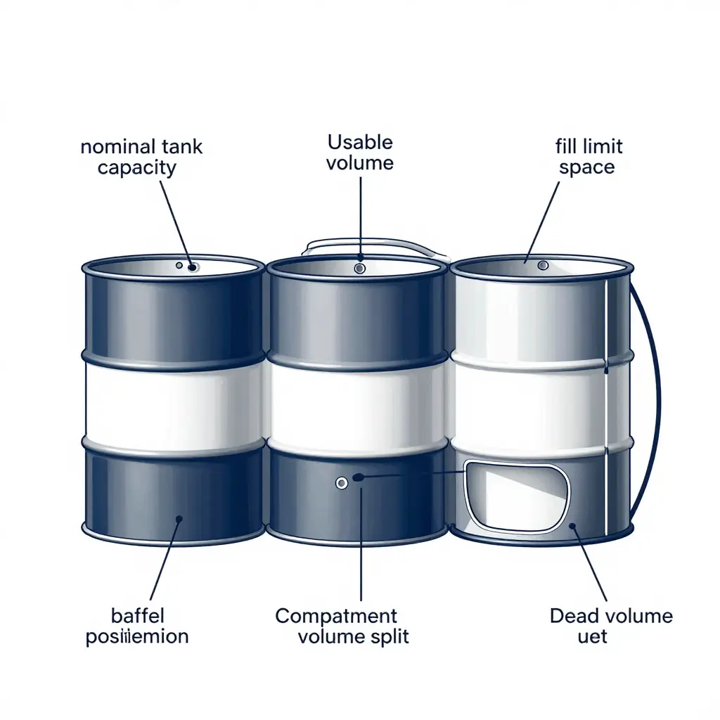 Technical cross-section of a bulk liquid tanker barrel showing three compartments separated by transverse baffles, ullage space, fill limit line and callouts for nominal capacity versus usable volume