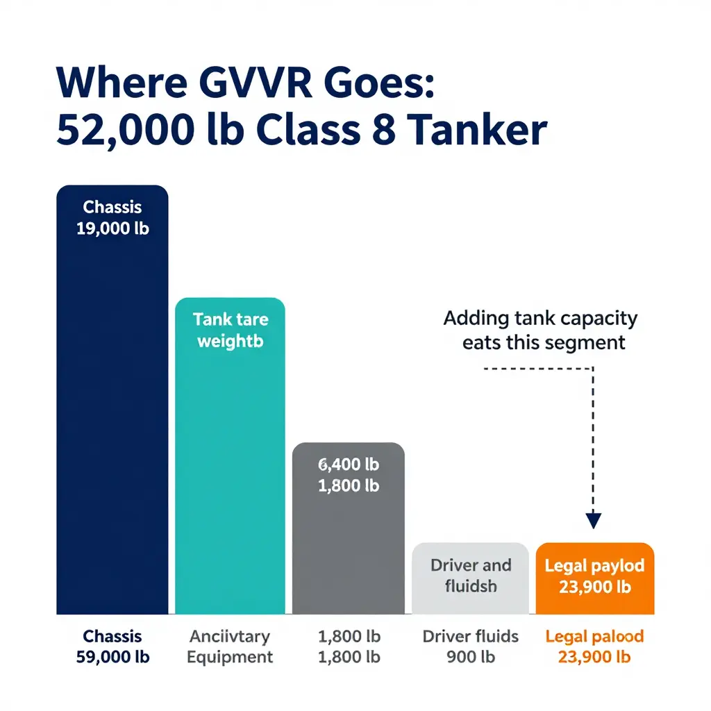 Where GVWR goes on a 52,000 lb tanker - chassis, tank tare weight, ancillary equipment, driver and fluids, and legal payload