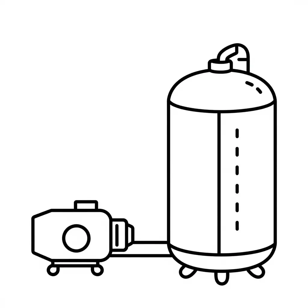 Minimalist 2D line-art schematic showing a vacuum pump unit connected by a pipe to the top of a cylindrical tank, with internal vertical baffle plates dividing the tank interior and a dashed vacuum path running from the tank interior to the pump inlet